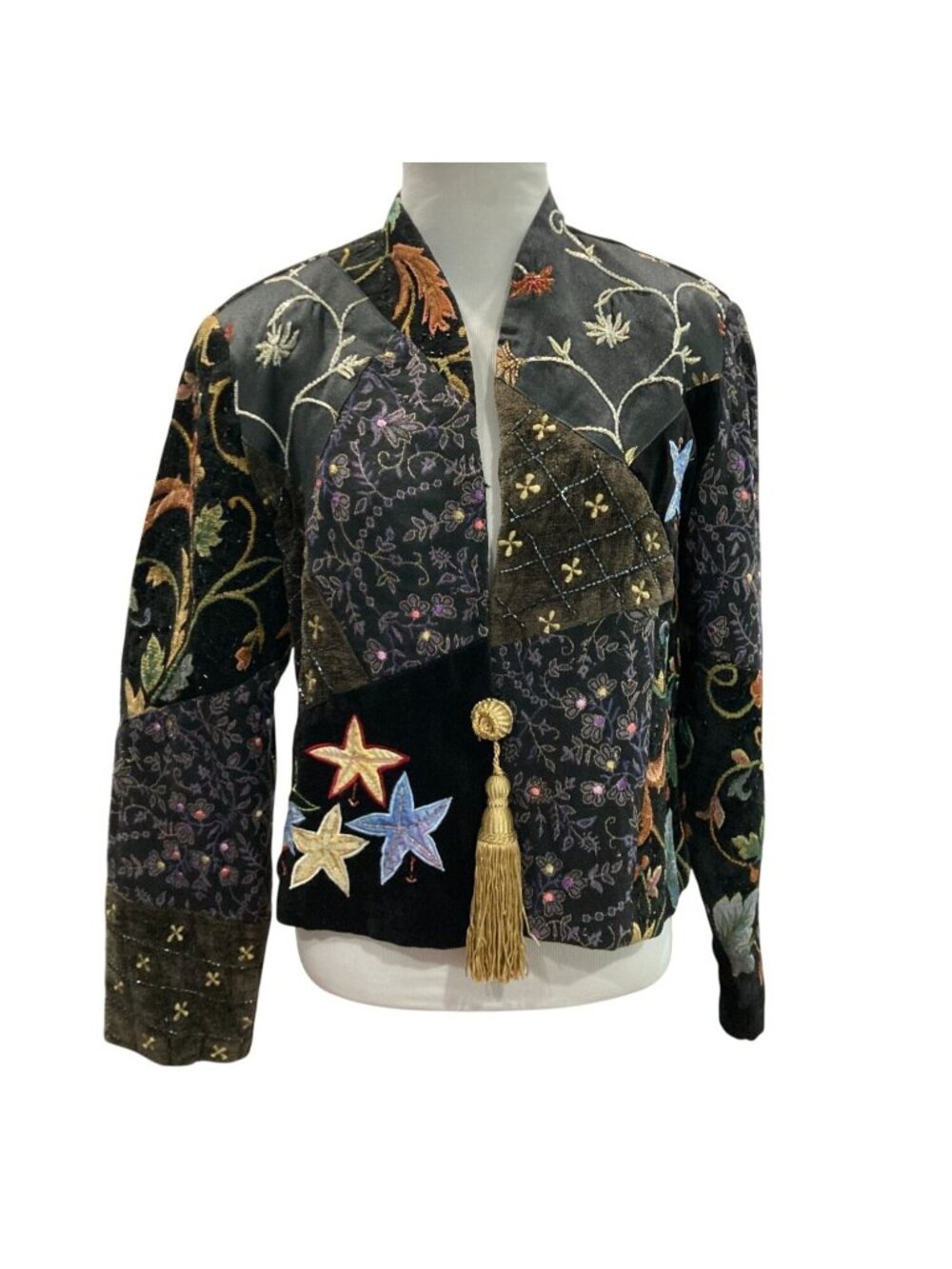 Vtg 90s Patchwork Embroidered Jacket PL Black Cottagecore Celestial Whimsical